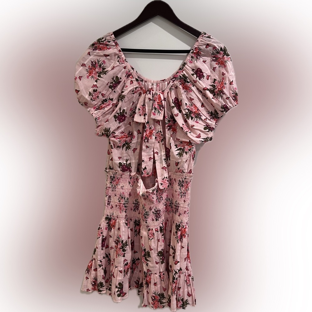 🌸LoveShackFancy Spritz Floral Smocked Tie Back Mini Dress Rosemary Mauve L NWT - Picture 6 of 7